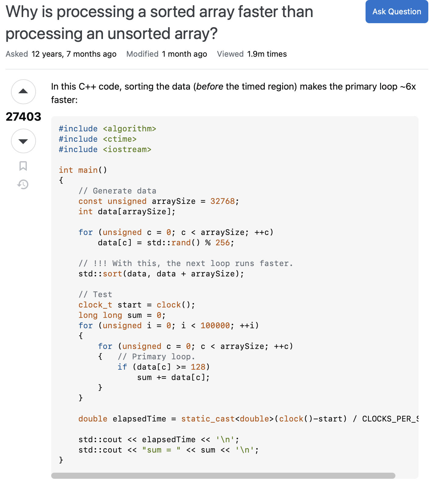 Why is processing a sorted array faster than processing an unsorted array?